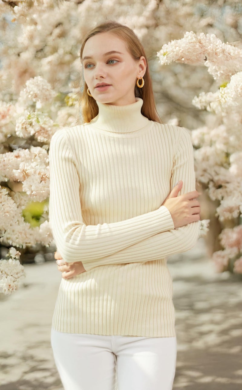 v28 Women Stretchable Turtleneck Knit Long Sleeve Slim Fit Sweater (L,Ivory) - Image 4